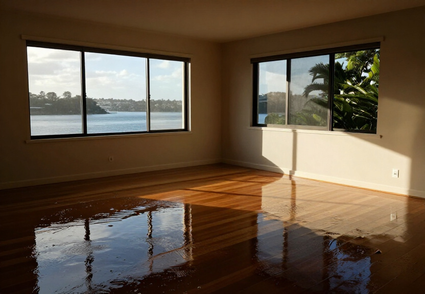 Flooded living room in Berkshire Park home before restoration